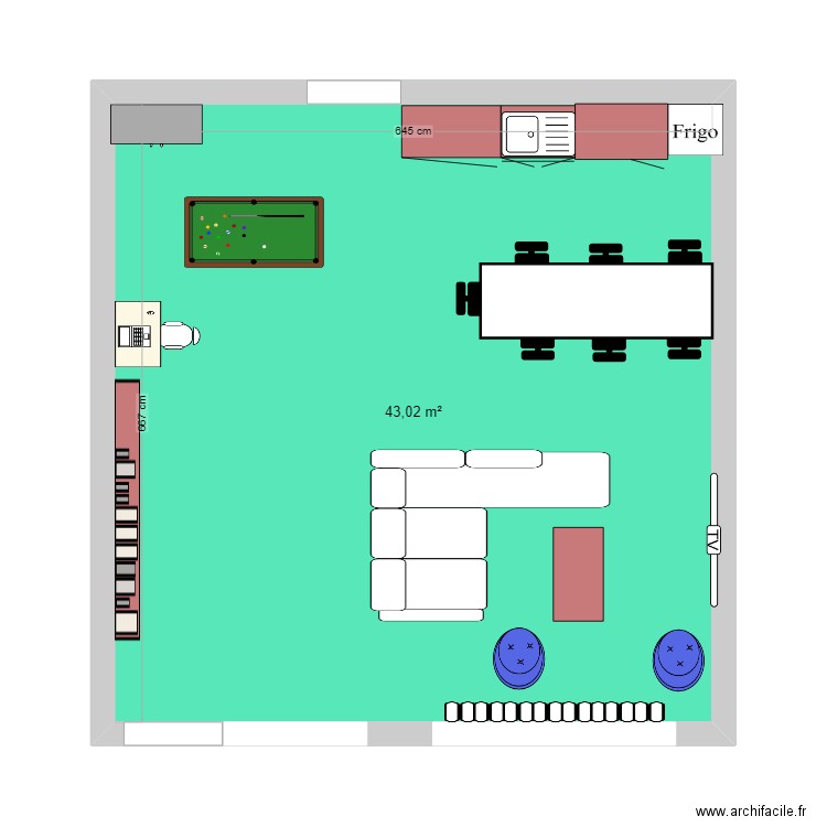 Salle détente fjt. Plan de 1 pièce et 43 m2