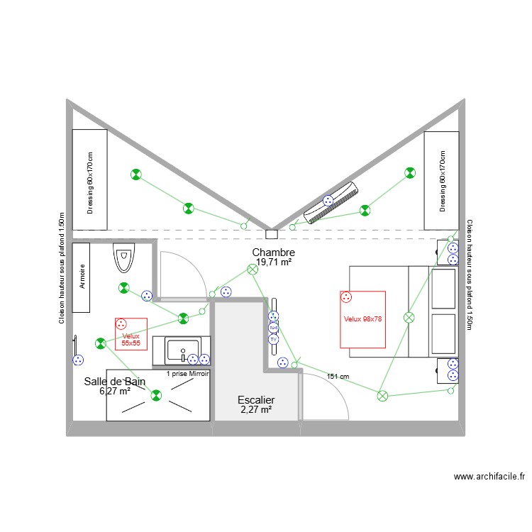 Plan définitif - Electricite - Etage - Maison 60 Saint Louis. Plan de 3 pièces et 28 m2