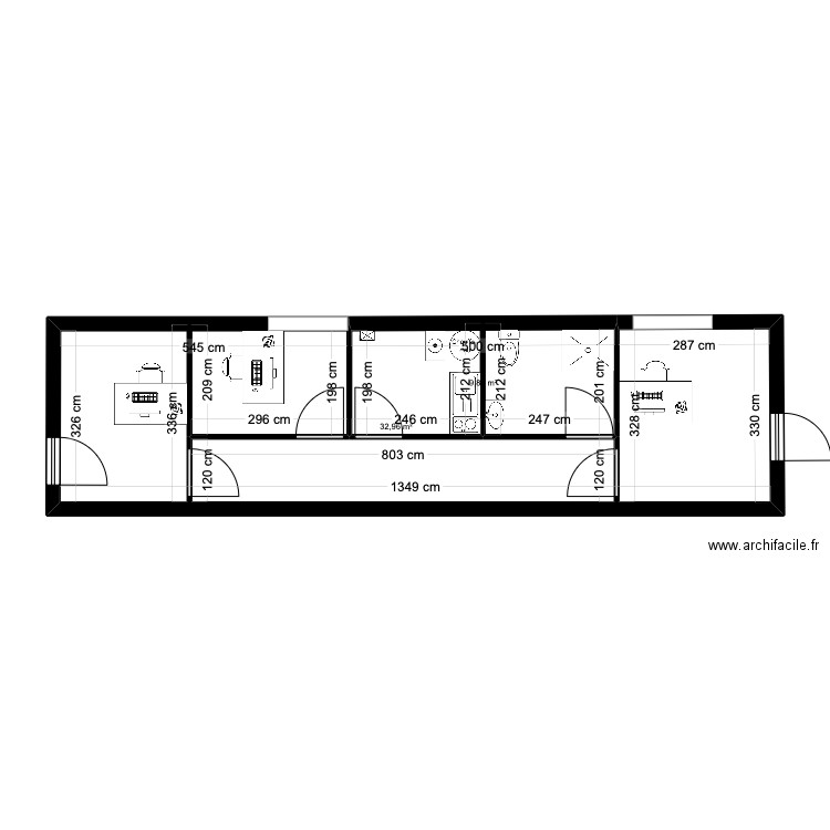 bati ouest. Plan de 2 pièces et 43 m2