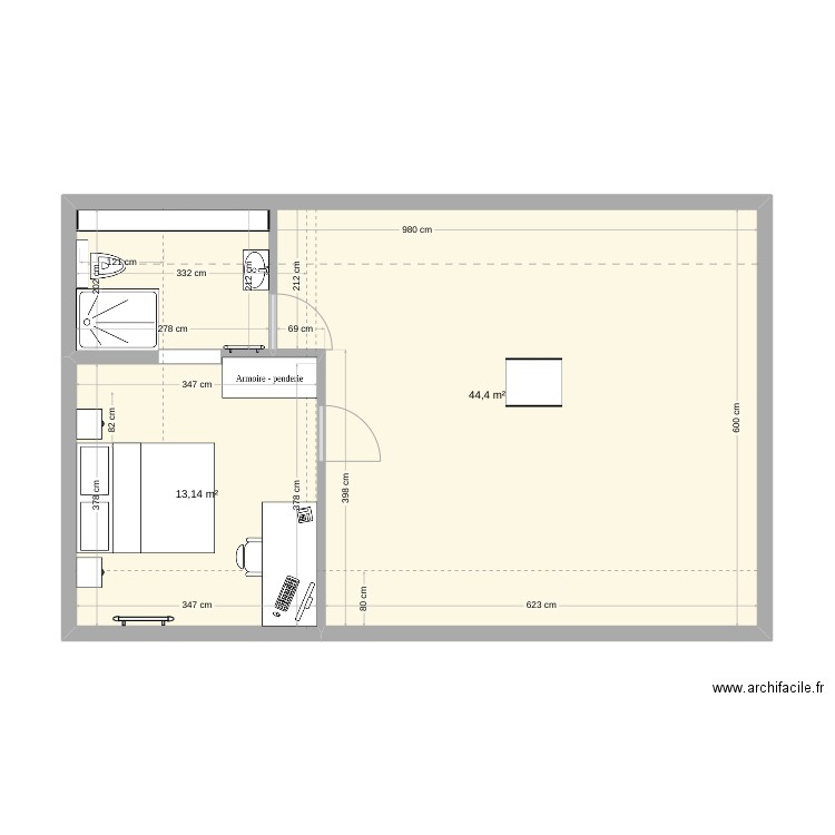 etage. Plan de 2 pièces et 58 m2