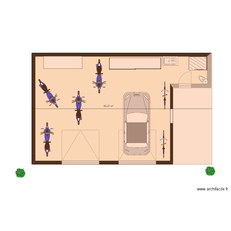 Garage double et carport. Plan de 1 pièce et 63 m2