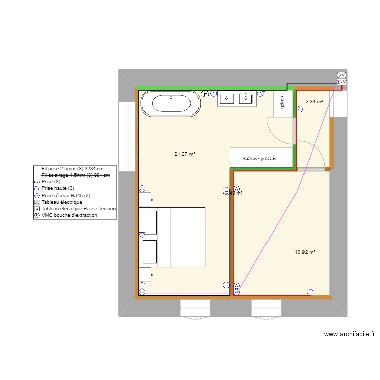 étage coter suite parental prises. Plan de 4 pièces et 72 m2