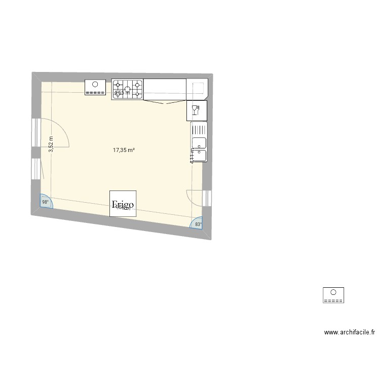 Cuisine. Plan de 1 pièce et 17 m2