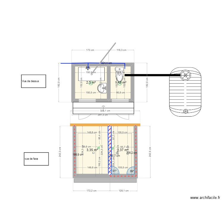 Toilette petite maison. Plan de 4 pièces et 9 m2