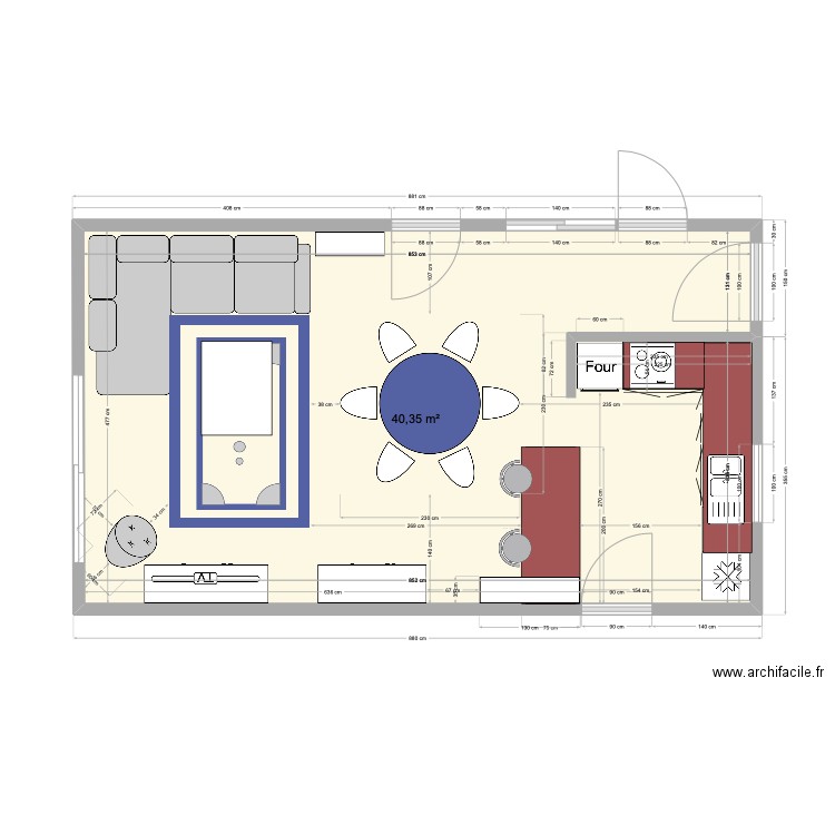 cuisine Chantauvent. Plan de 1 pièce et 40 m2