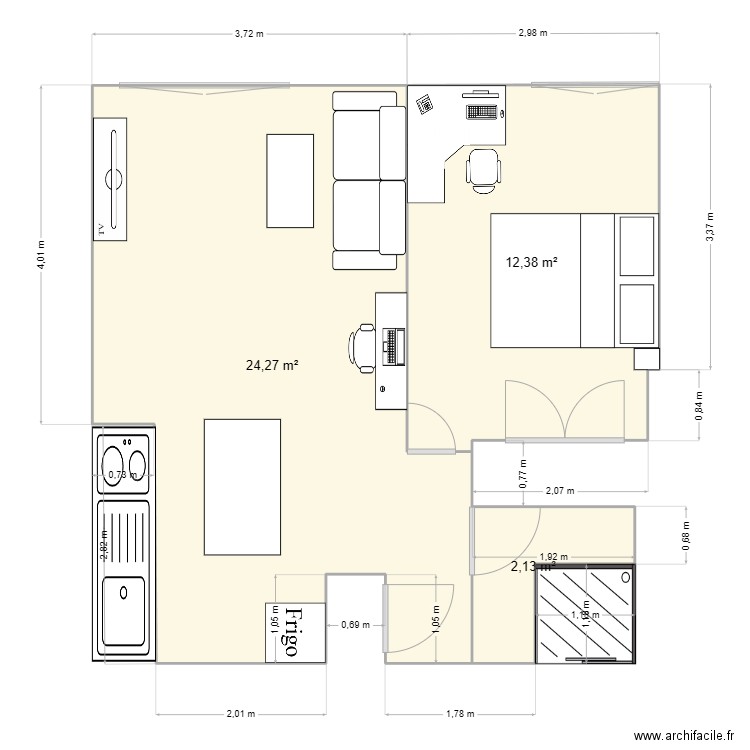 appartement. Plan de 3 pièces et 39 m2