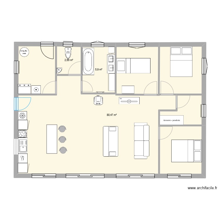 MAISON 12 X 8. Plan de 3 pièces et 89 m2