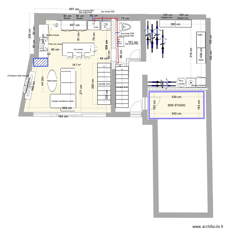 DUPLEX V2 pour 1 buanderie commune. Plan de 2 pièces et 34 m2