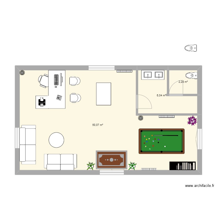 accueille. Plan de 3 pièces et 58 m2