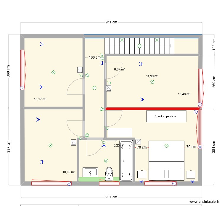 Villa A 1er étage base. Plan de 6 pièces et 60 m2