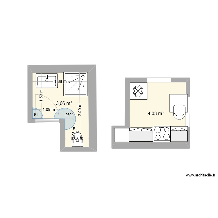 RooseveltCuisine. Plan de 2 pièces et 8 m2