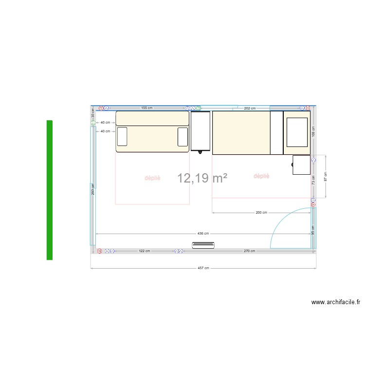 chambre verte déplié n°2. Plan de 1 pièce et 12 m2