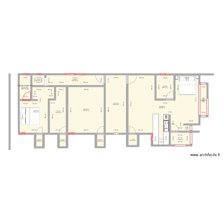 R+1. Plan de 15 pièces et 118 m2