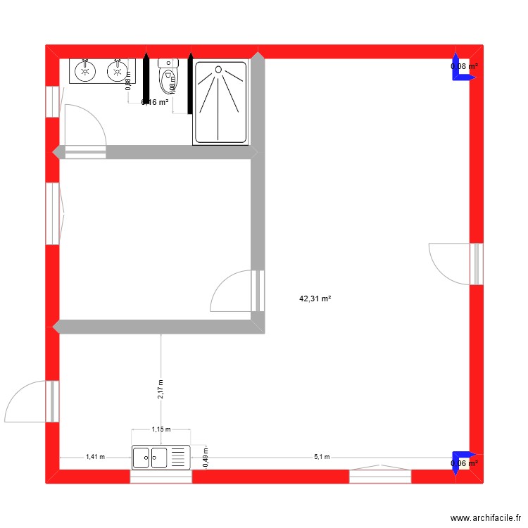 Mars Appartement 8 x 8 - SdB - cuisine. Plan de 5 pièces et 60 m2