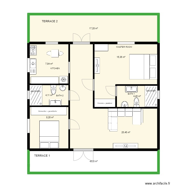 KEO HOUSE. Plan de 4 pièces et 91 m2