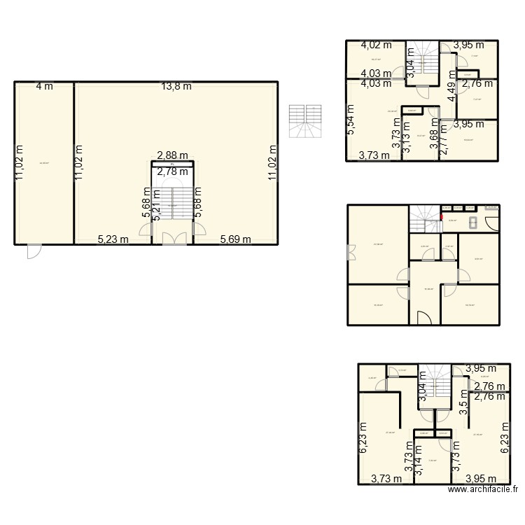 RDC. Plan de 5 pièces et 38 m2