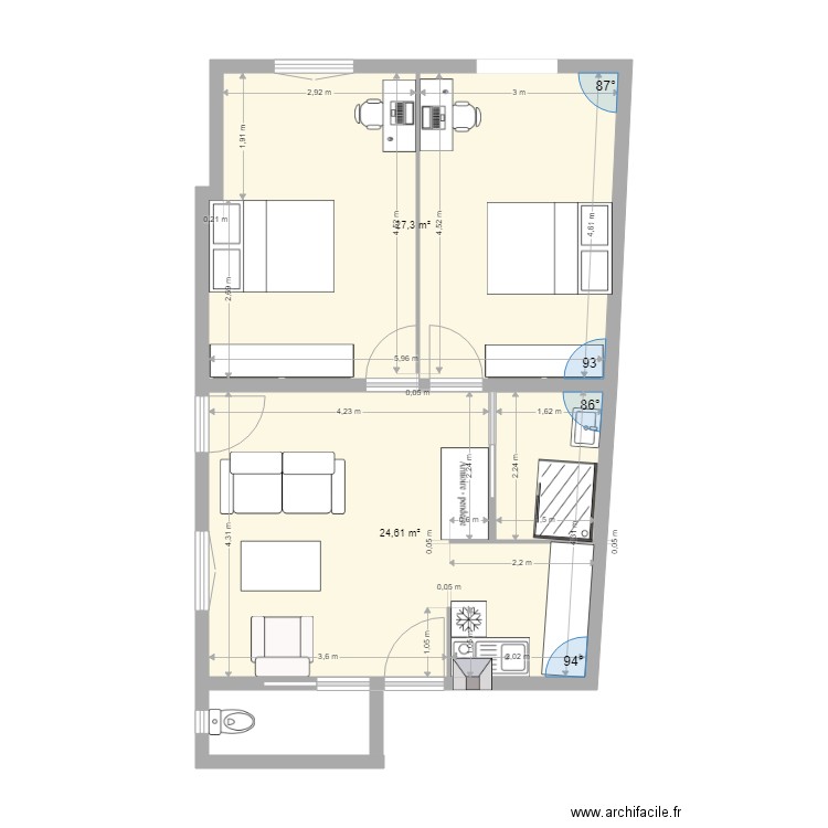 Me SAINTES. Plan de 2 pièces et 52 m2