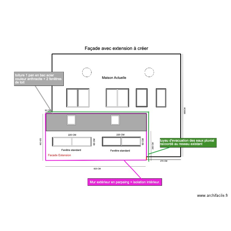 Façade avec extension projet . Plan de 0 pièce et 0 m2