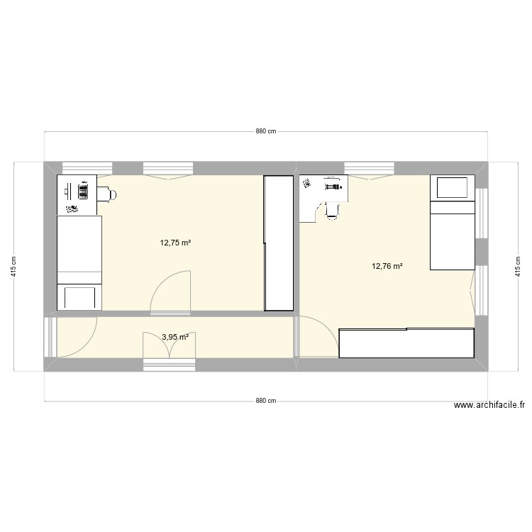 chambre. Plan de 3 pièces et 29 m2