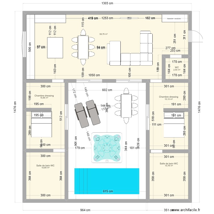 Maison-Patio. Plan de 6 pièces et 113 m2