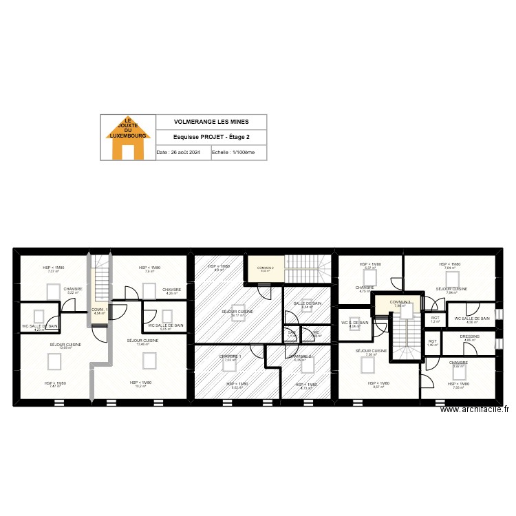 VOLMERANGE LES MINES - PROJET - ÉTAGE 2. Plan de 35 pièces et 229 m2