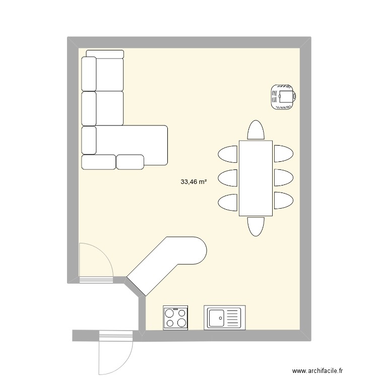 piece commune - sans sdb. Plan de 1 pièce et 33 m2