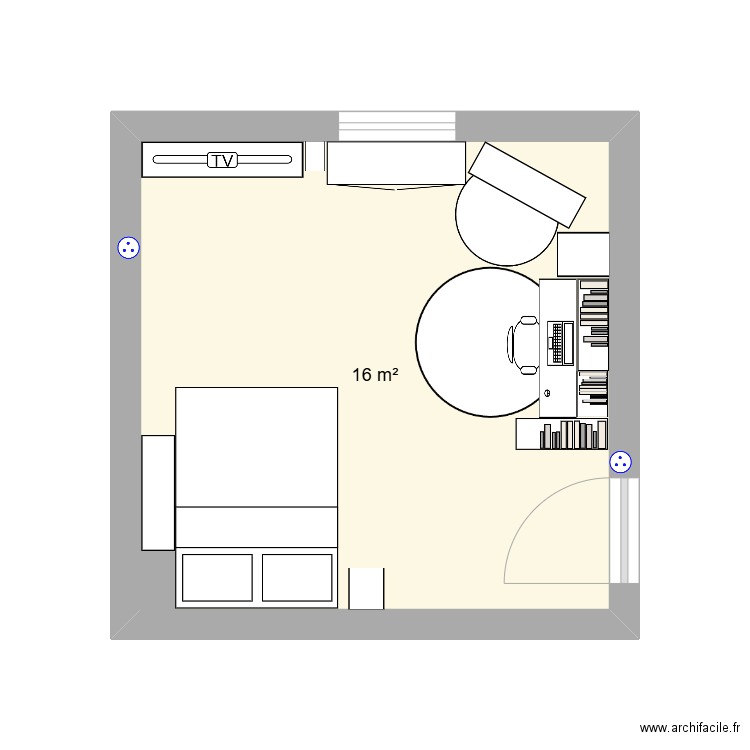 chambre. Plan de 1 pièce et 16 m2