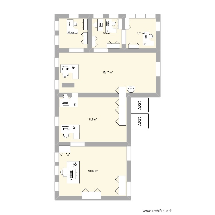 BUREAU . Plan de 6 pièces et 50 m2