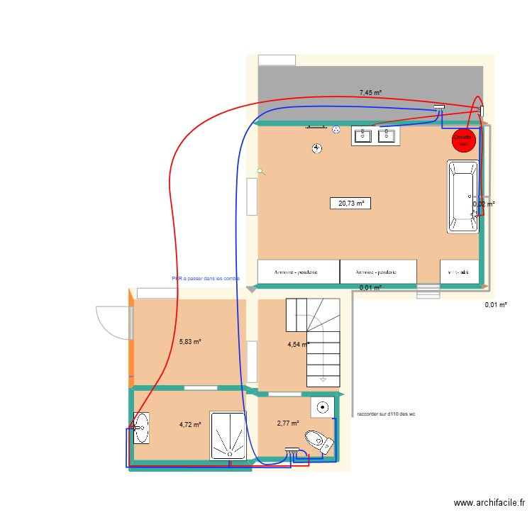 étage sonnac comble plomberie. Plan de 9 pièces et 46 m2