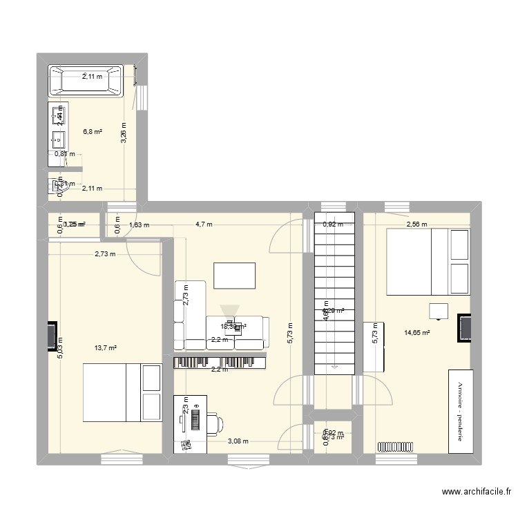 1E Version 1 avec travaux. Plan de 7 pièces et 59 m2