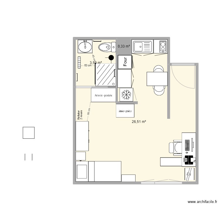 M SM. Plan de 3 pièces et 30 m2