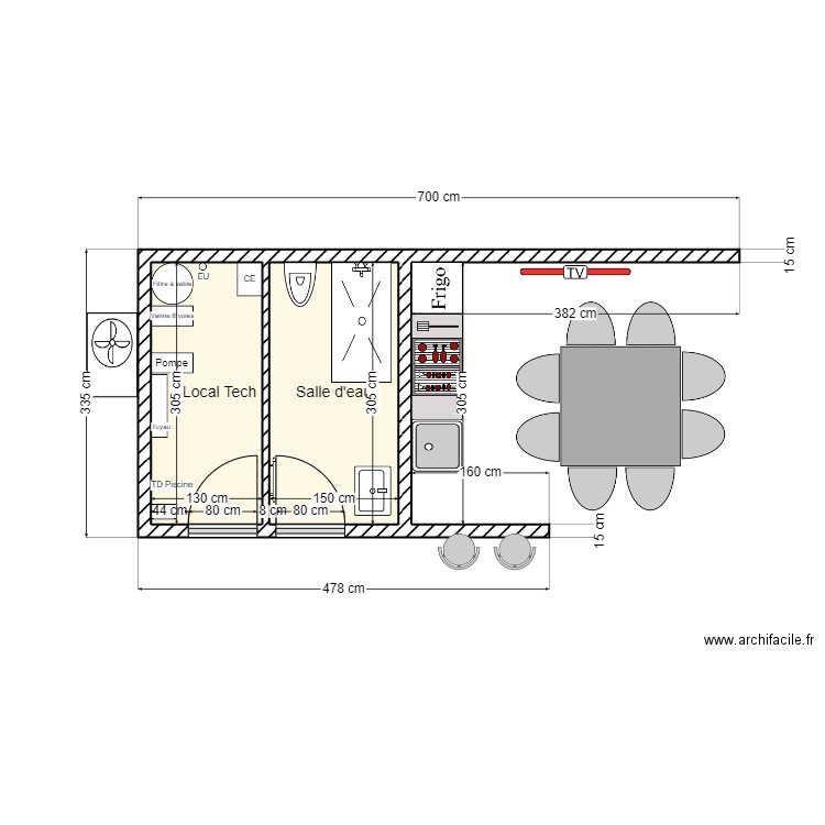 Pool house. Plan de 2 pièces et 9 m2