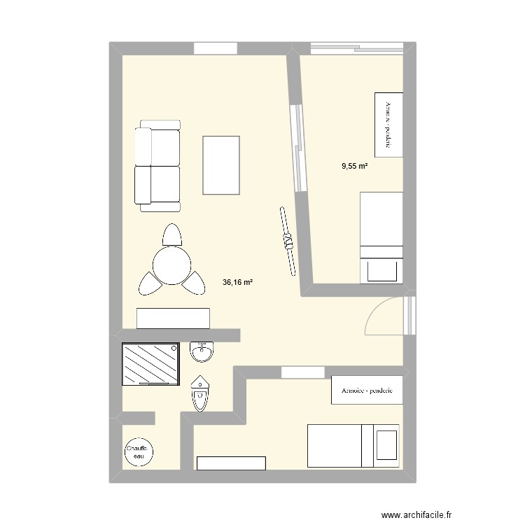 t2-. Plan de 2 pièces et 46 m2