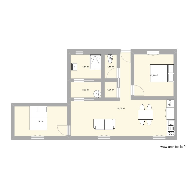 Apt 1. Plan de 7 pièces et 62 m2