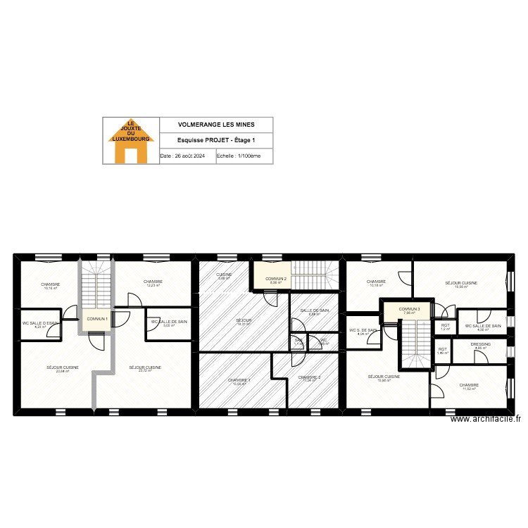 VOLMERANGE LES MINES - PROJET - ÉTAGE 1. Plan de 25 pièces et 229 m2