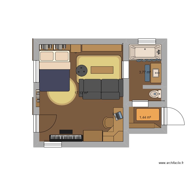 Chambre studio bonne option 2. Plan de 3 pièces et 22 m2