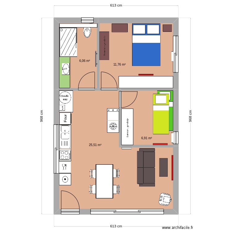 tout en long 2ch 50m2. Plan de 4 pièces et 50 m2