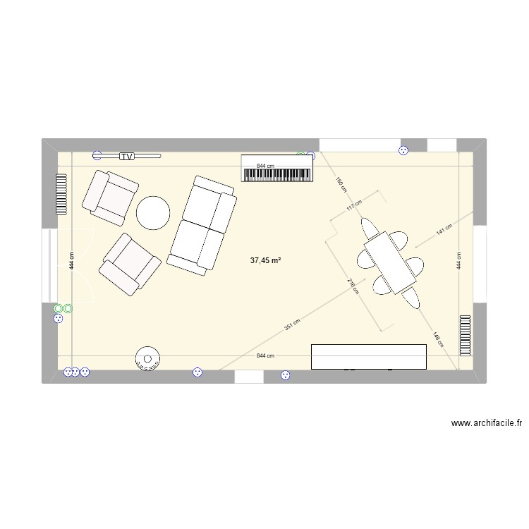 Salon. Plan de 1 pièce et 37 m2