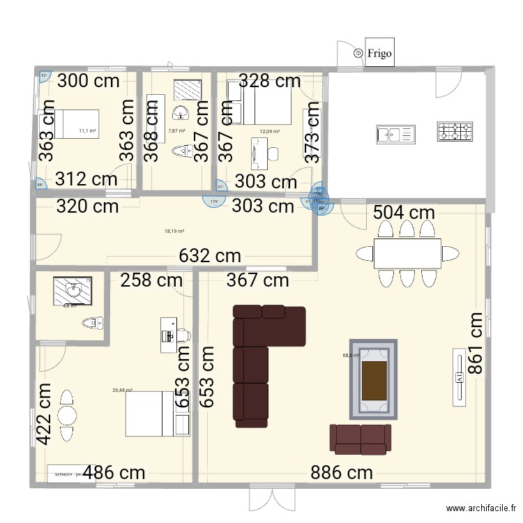 plan de 3 chambres salon avec salle à manger et cuisine . Plan de 8 pièces et 149 m2