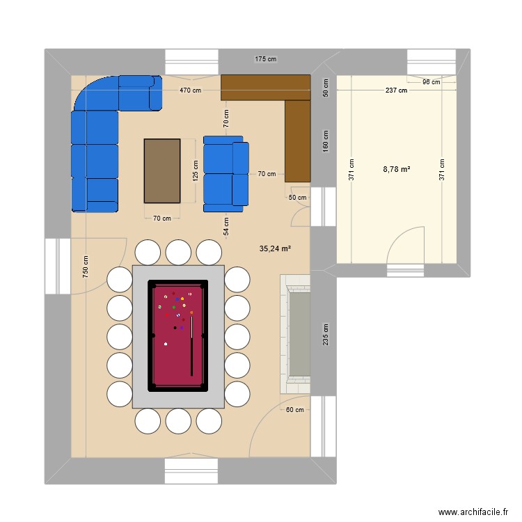 Salon Blackball. Plan de 2 pièces et 44 m2