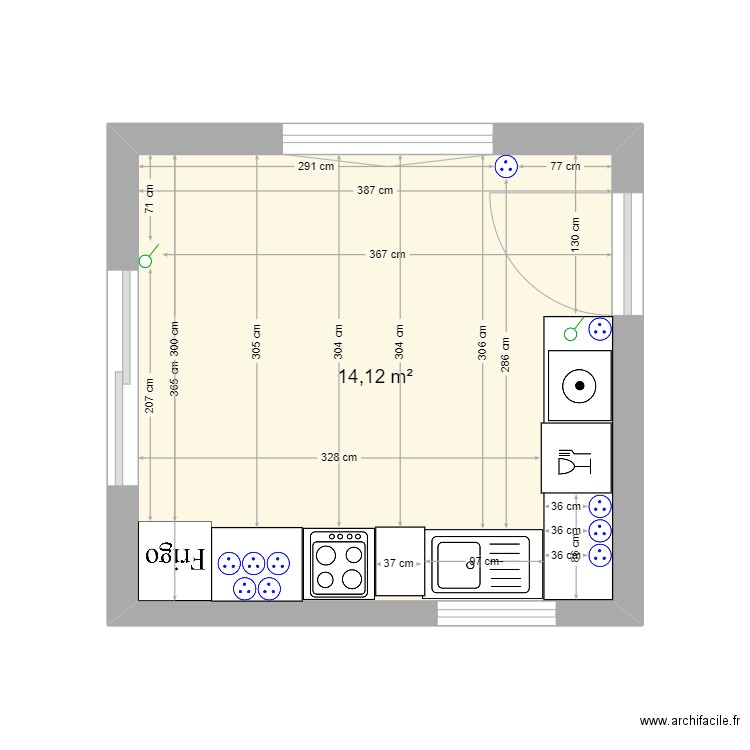 cuisine. Plan de 1 pièce et 14 m2