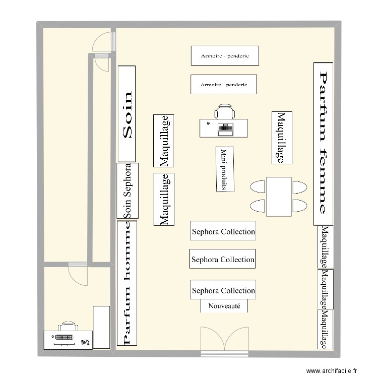 Sephora. Plan de 2 pièces et 161 m2