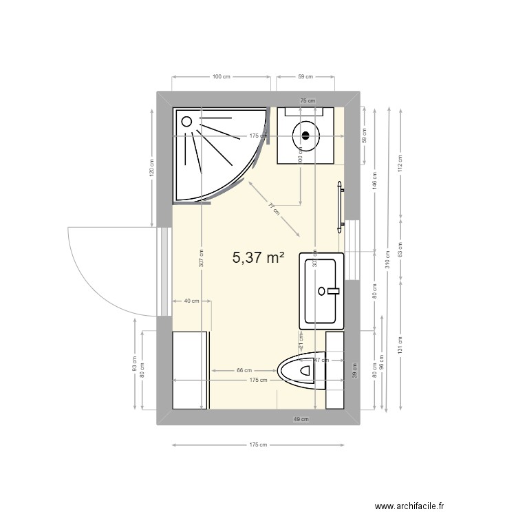 Salle de bain PM 5 douche 100x100 WC de 49. Plan de 1 pièce et 5 m2