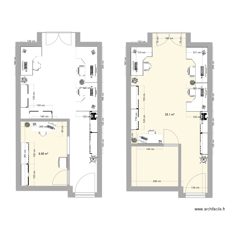 Bureau Process. Plan de 2 pièces et 45 m2