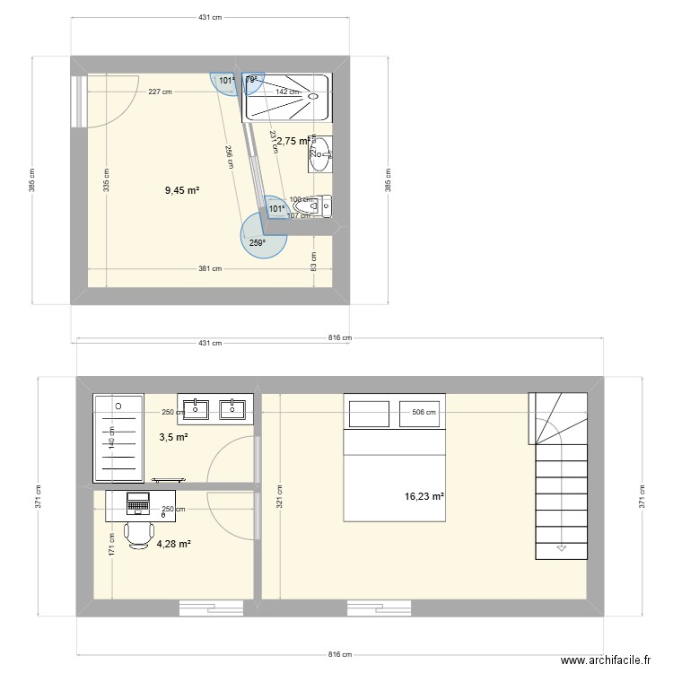 LCSP. Plan de 5 pièces et 36 m2