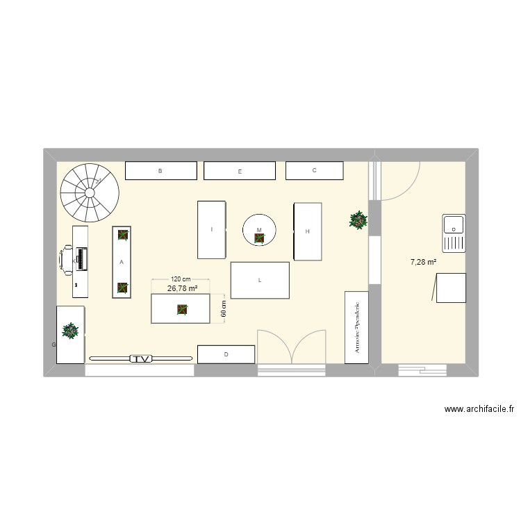 magasin. Plan de 2 pièces et 34 m2