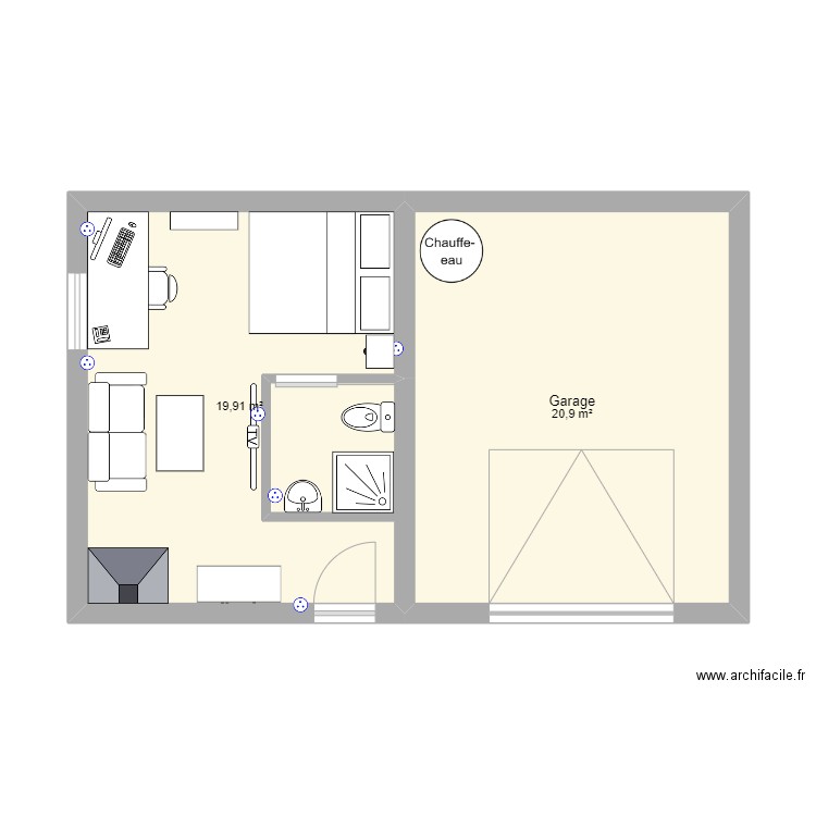 Dépendance v1. Plan de 2 pièces et 41 m2