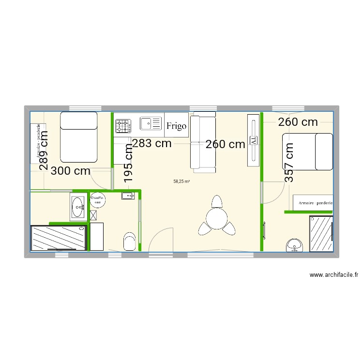  T2 60m². Plan de 1 pièce et 58 m2