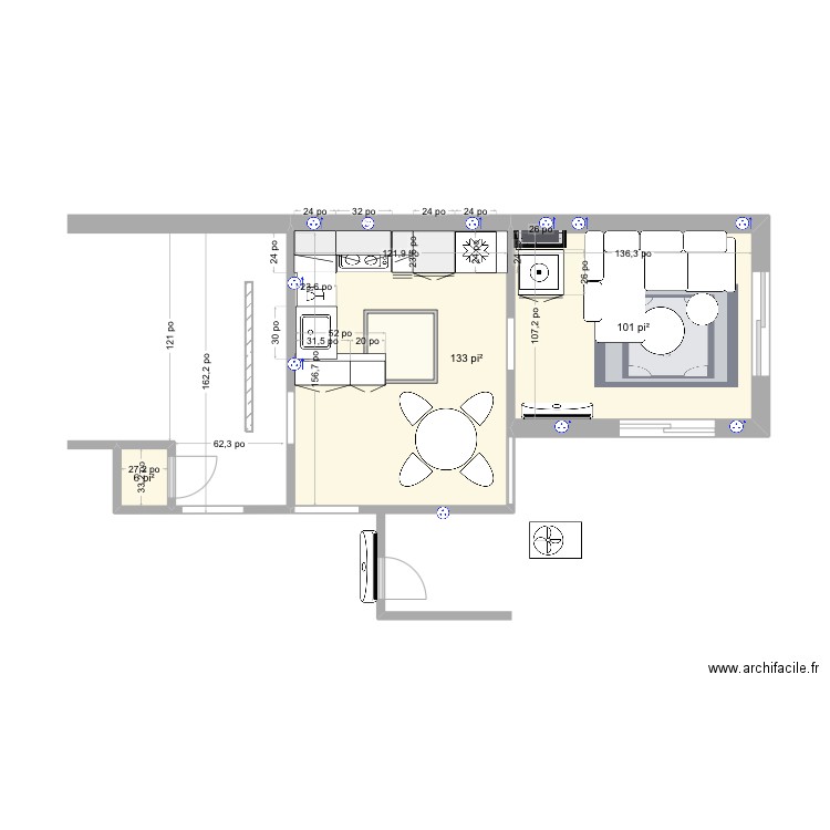 Cuisine milieu version 6. Plan de 3 pièces et 22 m2