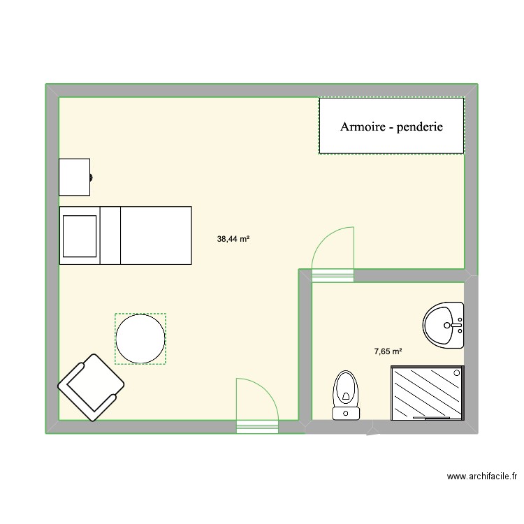 chambre home . Plan de 2 pièces et 46 m2